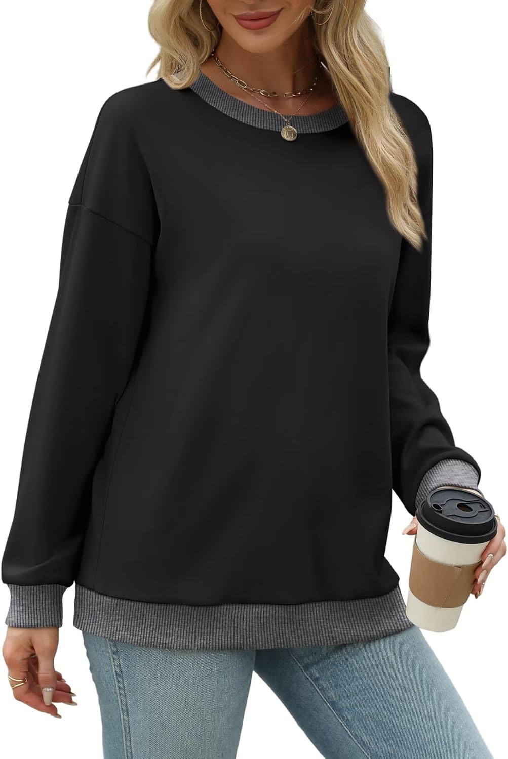 WIHOLL Sweatshirts for Women Crewneck Long Sleeve Loose Fit Sweaters Color Block Ribbed Trim Womens Tops Fall Fashion 2025