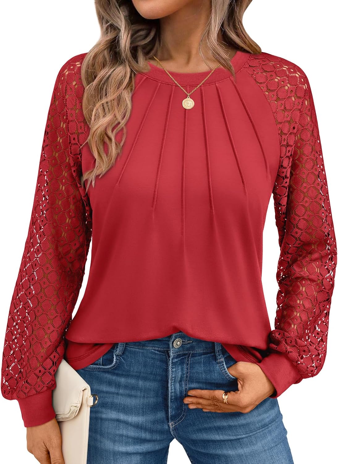 AUTOMET Womens Long Sleeve Shirts Pleated Lace Tops Fall Fashion Outfits Business Casual Blouses
