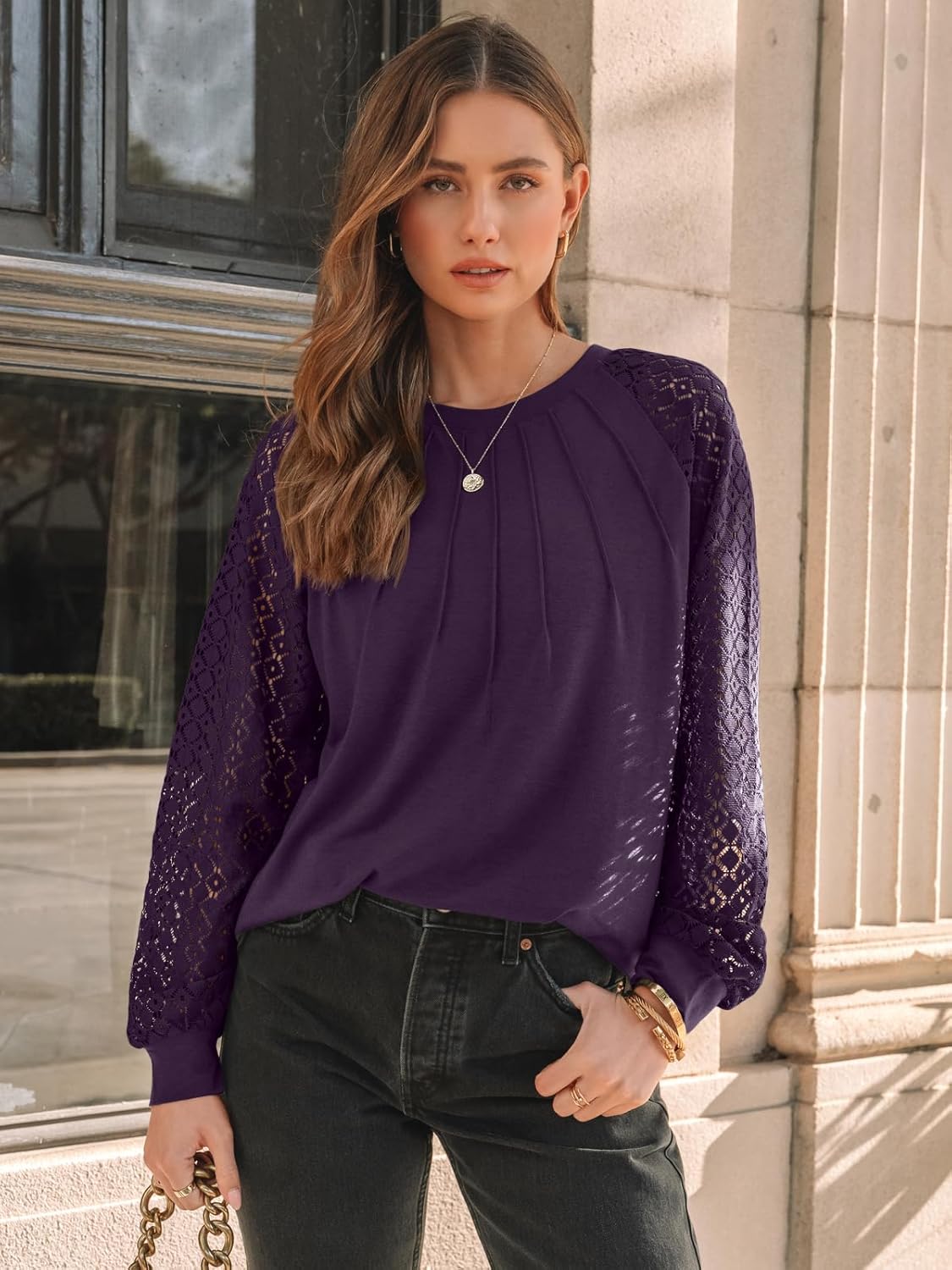 AUTOMET Womens Long Sleeve Shirts Pleated Lace Tops Fall Fashion Outfits Business Casual Blouses