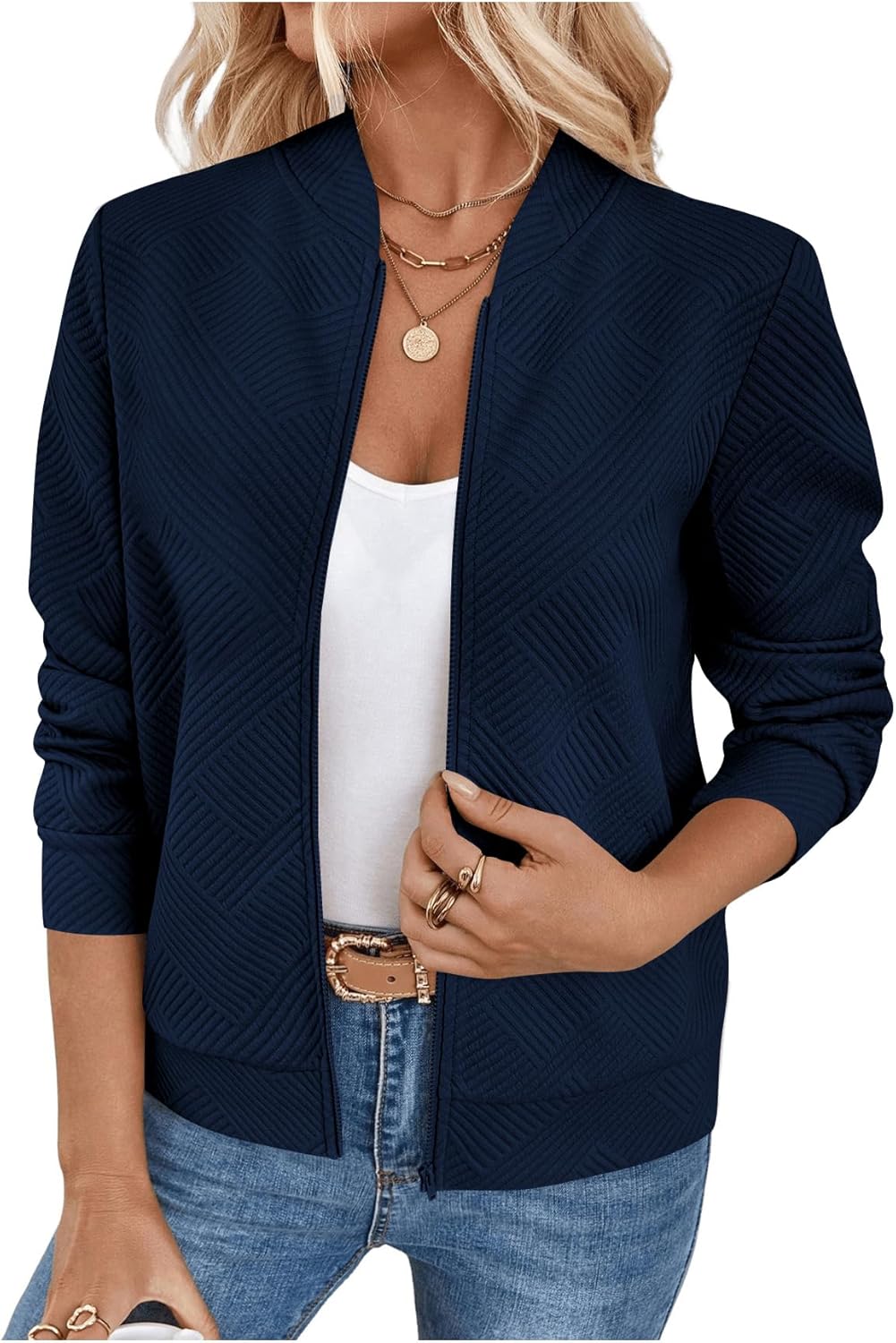 Verdusa Women's Zip Up Textured Lightweight Bomber Jacket Casual Long Sleeve Outerwear