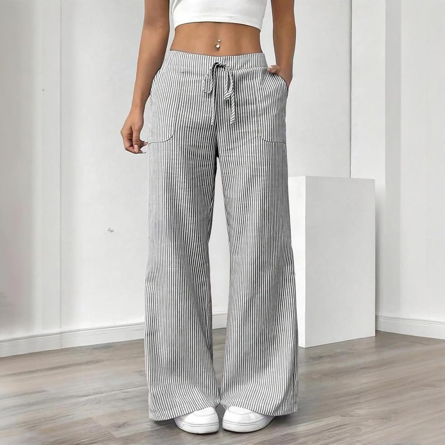 Women's Fashion Striped Cotton Linen Pants Casual Drawstring Waist Wide Leg Pants 2025 Trendy Baggy Beach Trousers