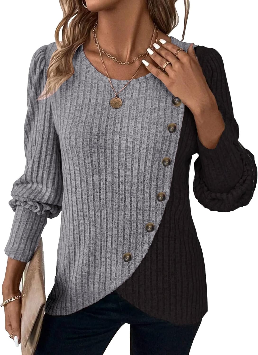 MixShe Womens Knit Sweaters 2025 Fall Winter Casual Long Sleeve Ribbed Colorblock Button Pullover Tops
