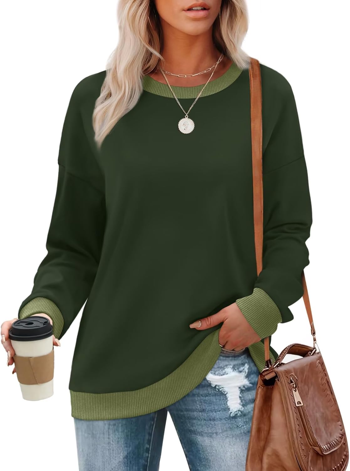 WIHOLL Sweatshirts for Women Crewneck Long Sleeve Loose Fit Sweaters Color Block Ribbed Trim Womens Tops Fall Fashion 2025