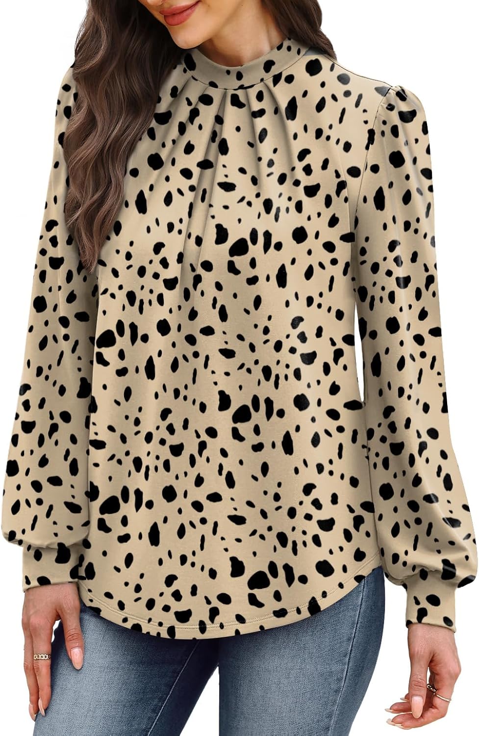 WIHOLL Long Sleeve Shirts for Women Mock Neck Tops Pleated Front Blouses Dressy Casual Fall Clothes 2025 Fashion