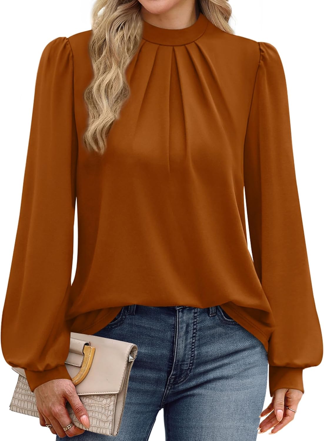WIHOLL Long Sleeve Shirts for Women Mock Neck Tops Pleated Front Blouses Dressy Casual Fall Clothes 2025 Fashion