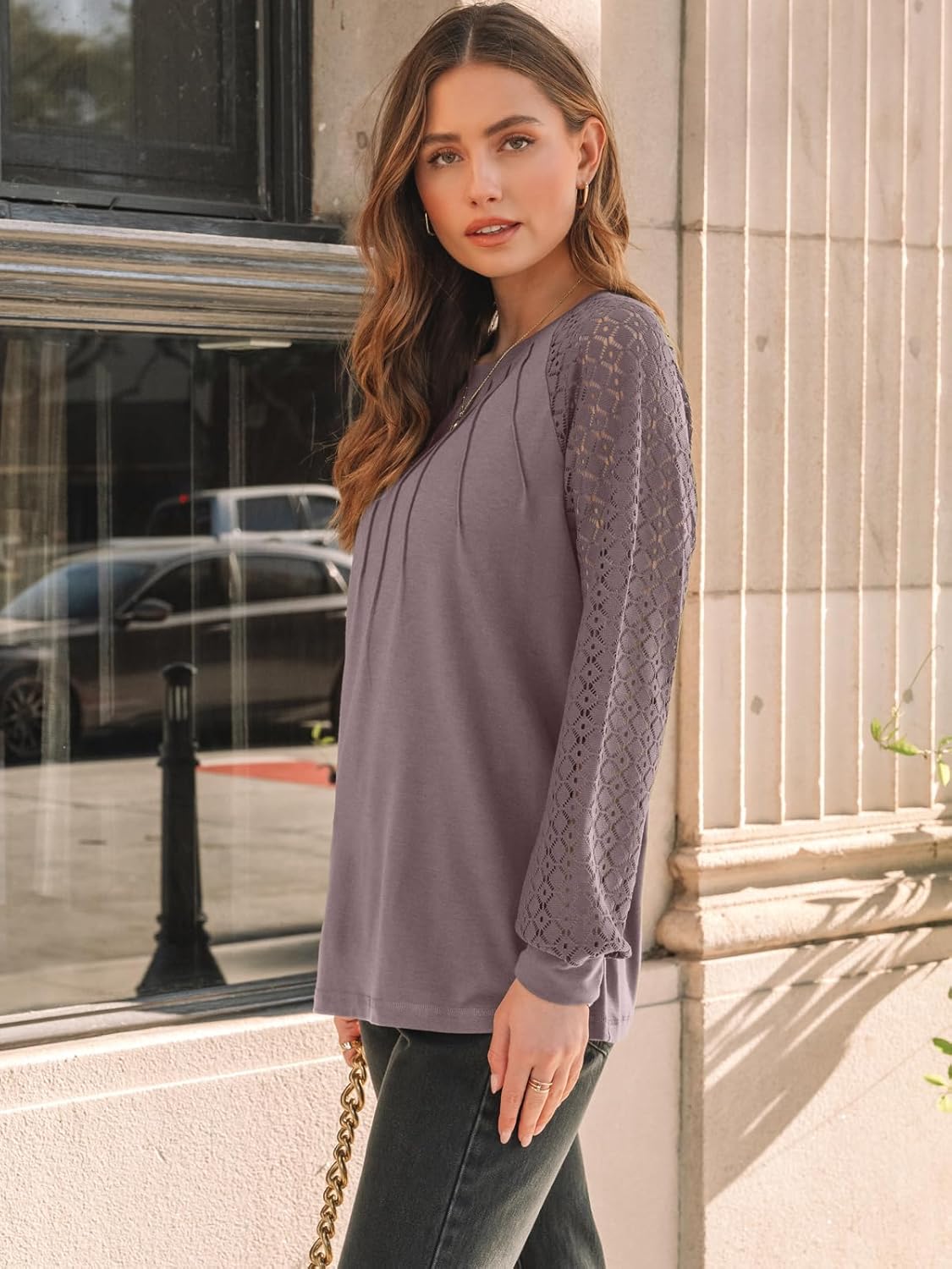 AUTOMET Womens Long Sleeve Shirts Pleated Lace Tops Fall Fashion Outfits Business Casual Blouses