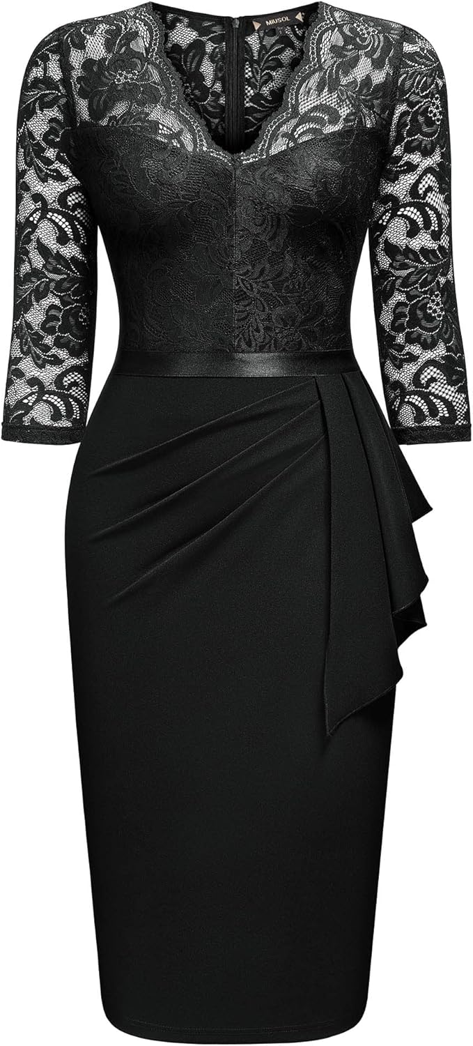 Miusol Women's Retro V Neck Floral Lace Ruffle Style Cocktail Party Dress