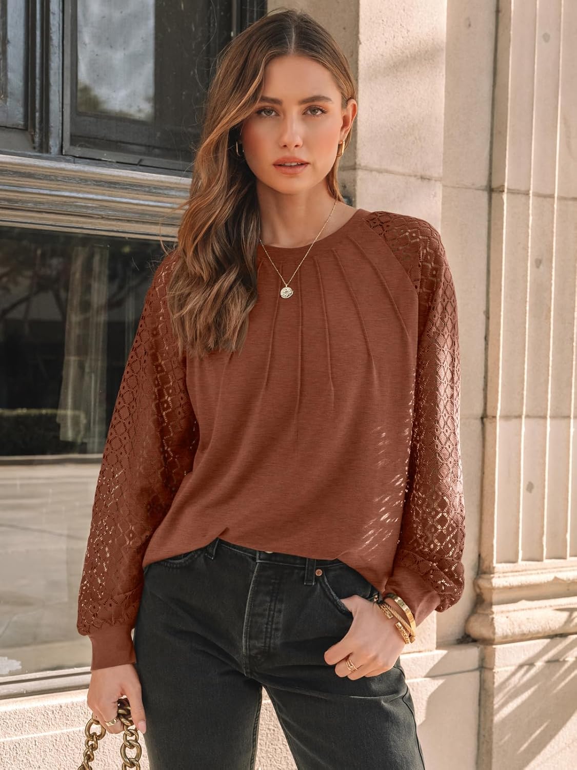 AUTOMET Womens Long Sleeve Shirts Pleated Lace Tops Fall Fashion Outfits Business Casual Blouses
