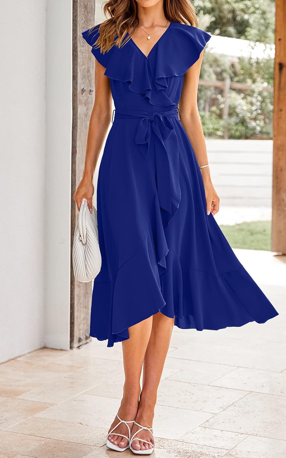 PRETTYGARDEN Women's 2025 Summer Cross Midi Dress Casual Boho Deep V Neck Short Sleeve Ruffle Hem Split Beach Long Dresses