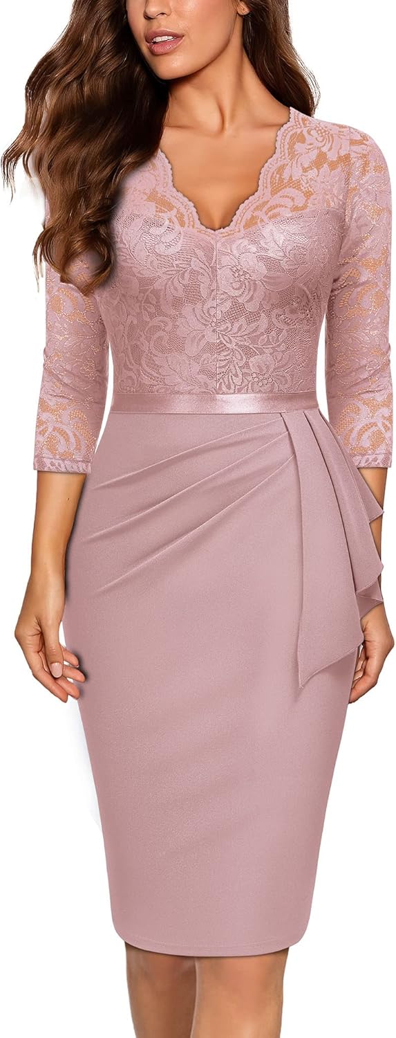 Miusol Women's Retro V Neck Floral Lace Ruffle Style Cocktail Party Dress