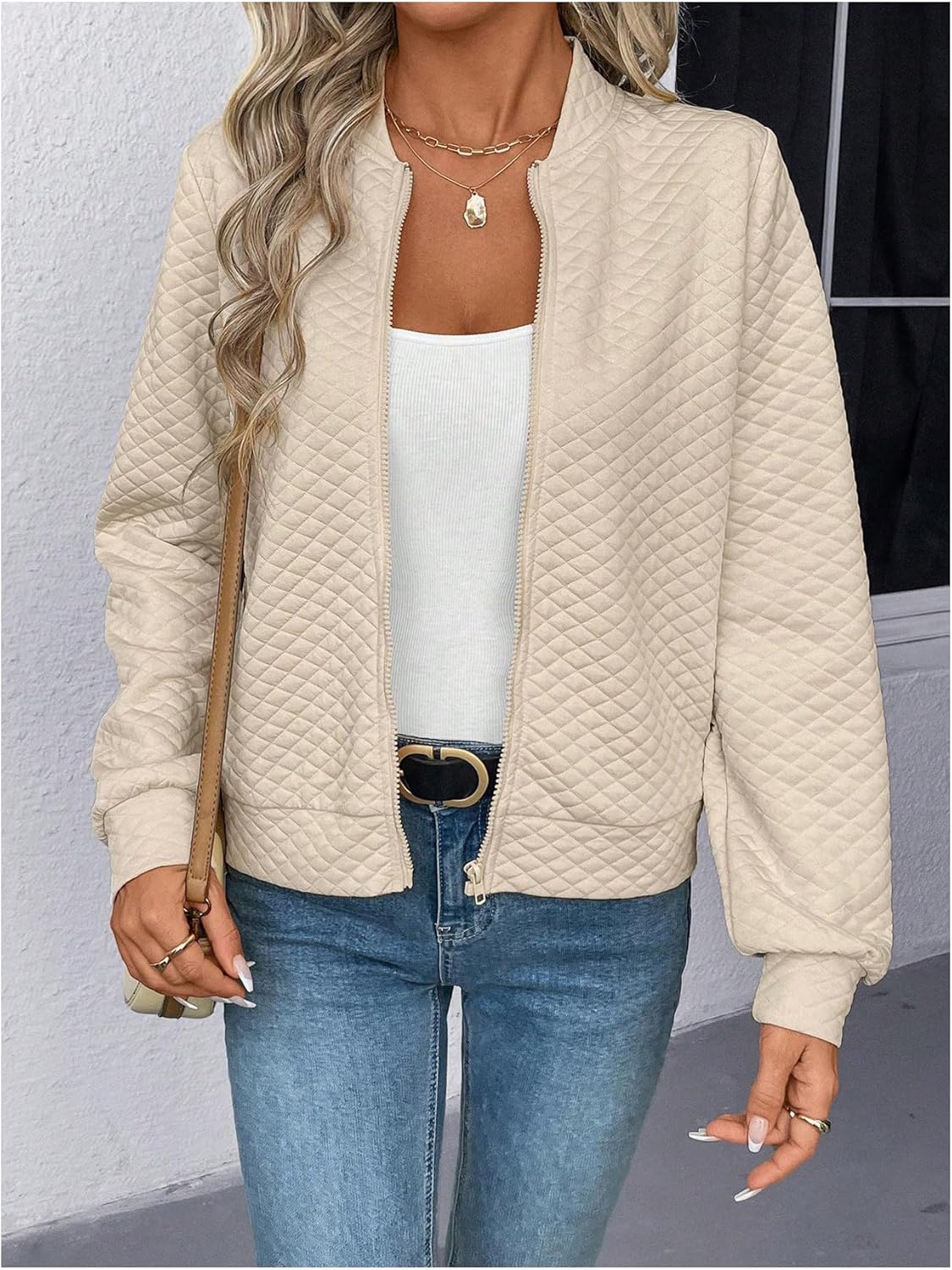 Verdusa Women's Zip Up Textured Lightweight Bomber Jacket Casual Long Sleeve Outerwear