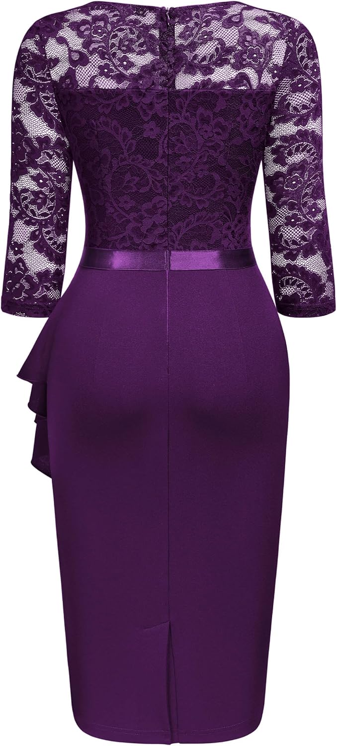 Miusol Women's Retro V Neck Floral Lace Ruffle Style Cocktail Party Dress