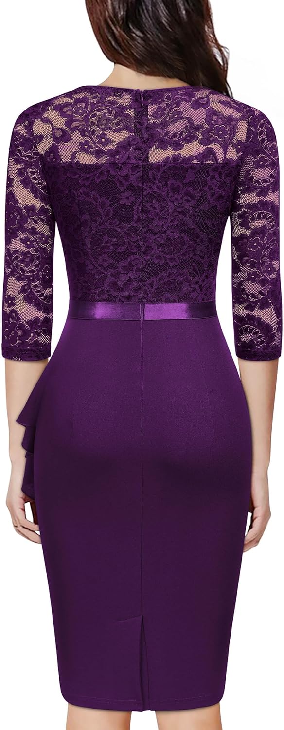 Miusol Women's Retro V Neck Floral Lace Ruffle Style Cocktail Party Dress