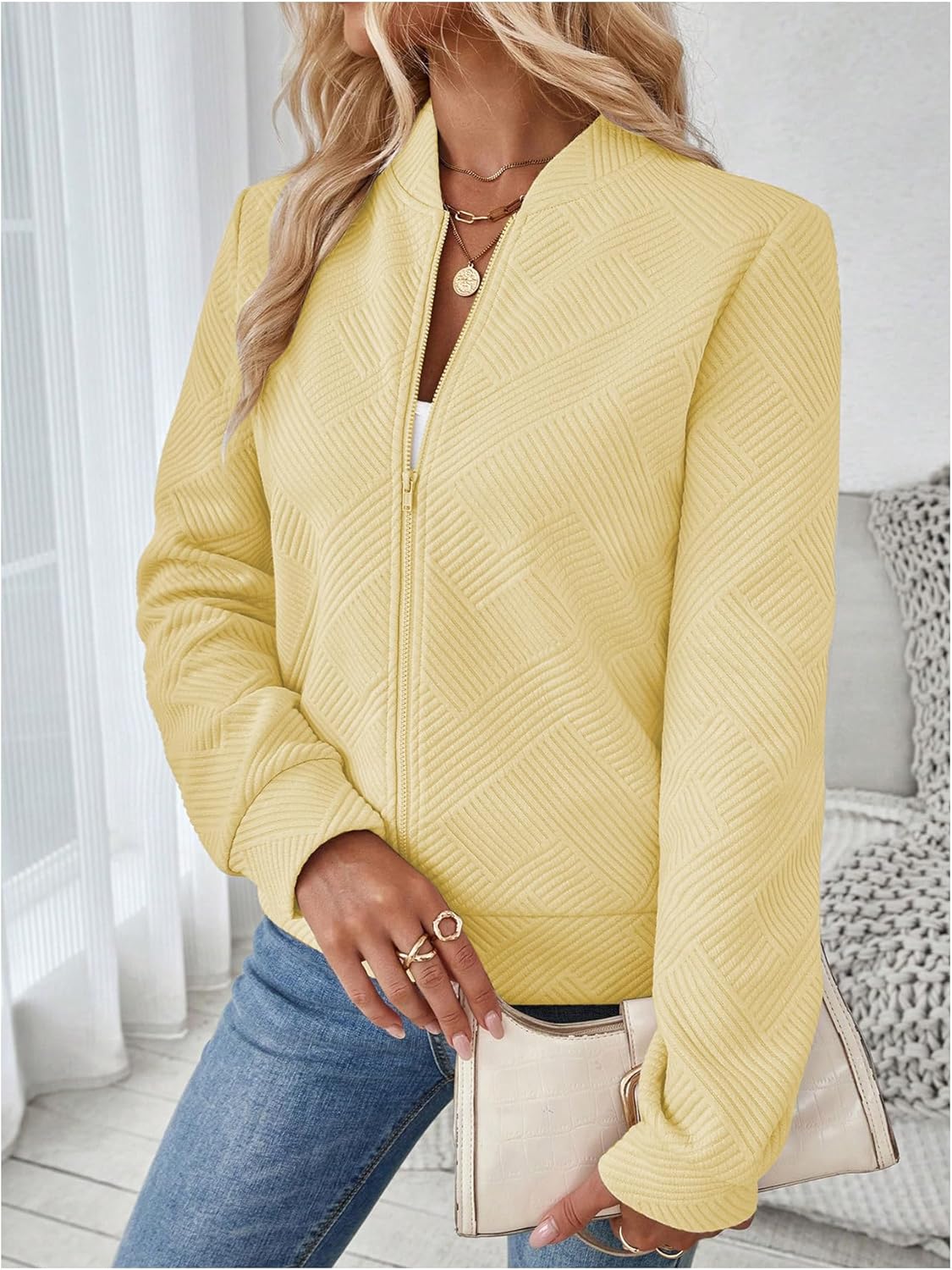 Verdusa Women's Zip Up Textured Lightweight Bomber Jacket Casual Long Sleeve Outerwear
