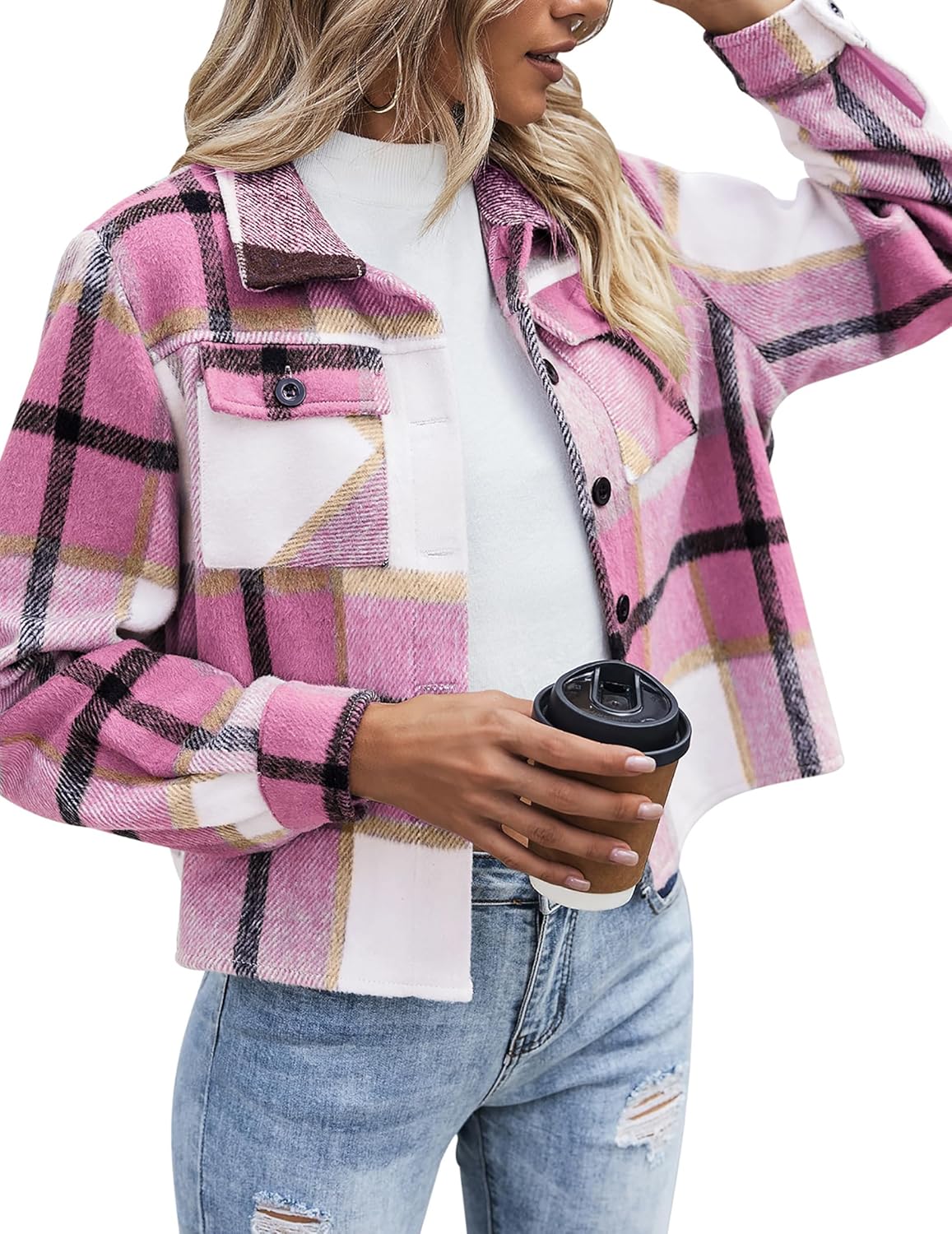 ZEAGOO Jackets for Women Cropped Flannel Plaid Shacket 2025 Fashion Button Down Shirt Coats Tops