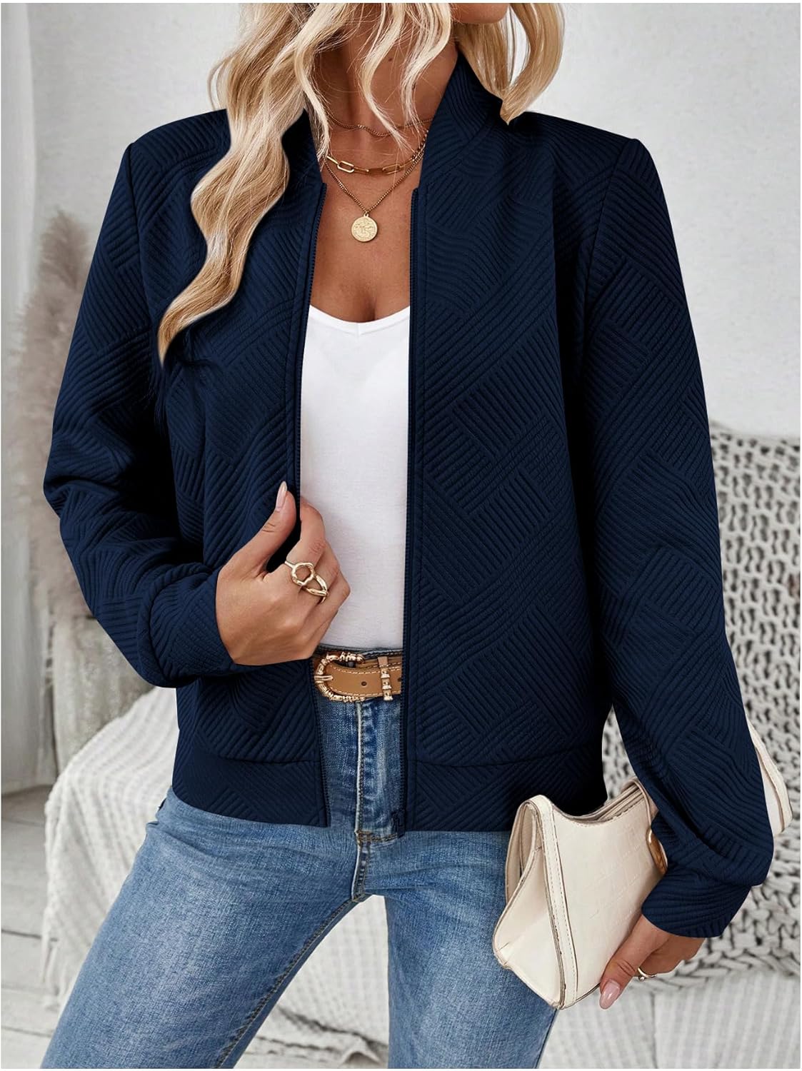 Verdusa Women's Zip Up Textured Lightweight Bomber Jacket Casual Long Sleeve Outerwear