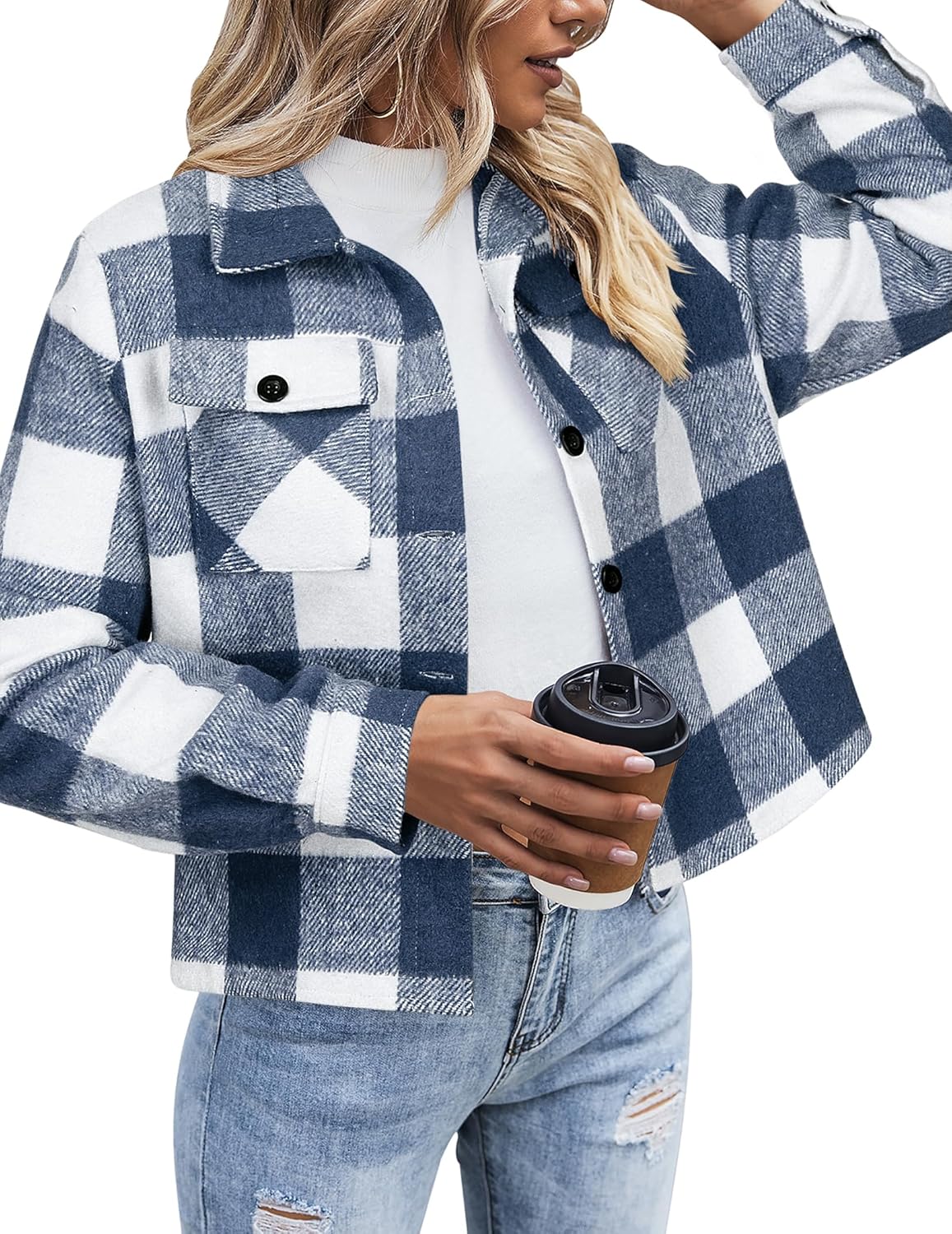 ZEAGOO Jackets for Women Cropped Flannel Plaid Shacket 2025 Fashion Button Down Shirt Coats Tops