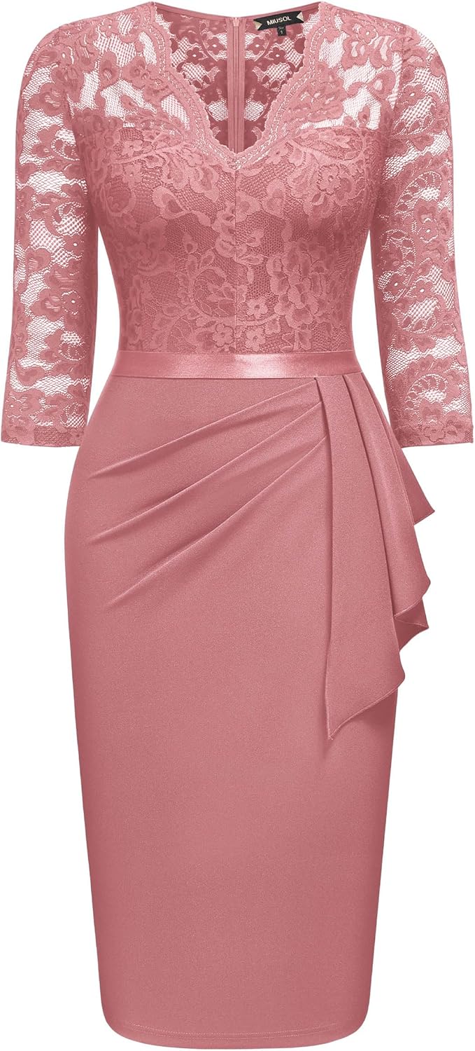 Miusol Women's Retro V Neck Floral Lace Ruffle Style Cocktail Party Dress