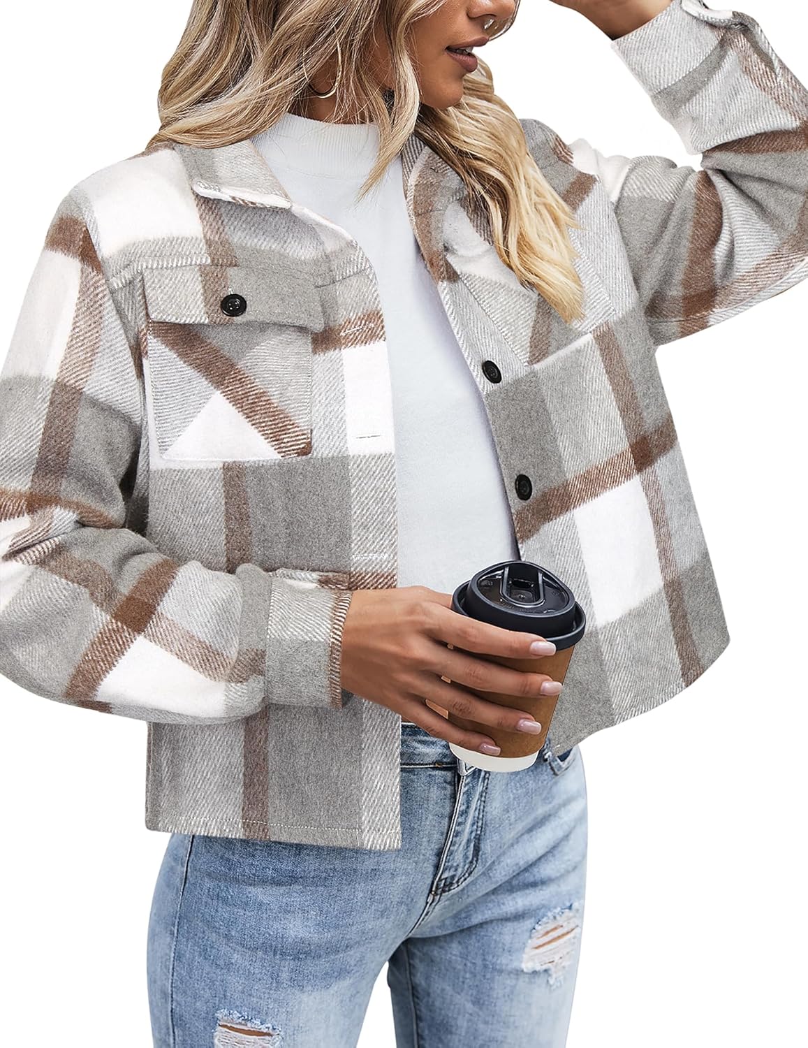 ZEAGOO Jackets for Women Cropped Flannel Plaid Shacket 2025 Fashion Button Down Shirt Coats Tops