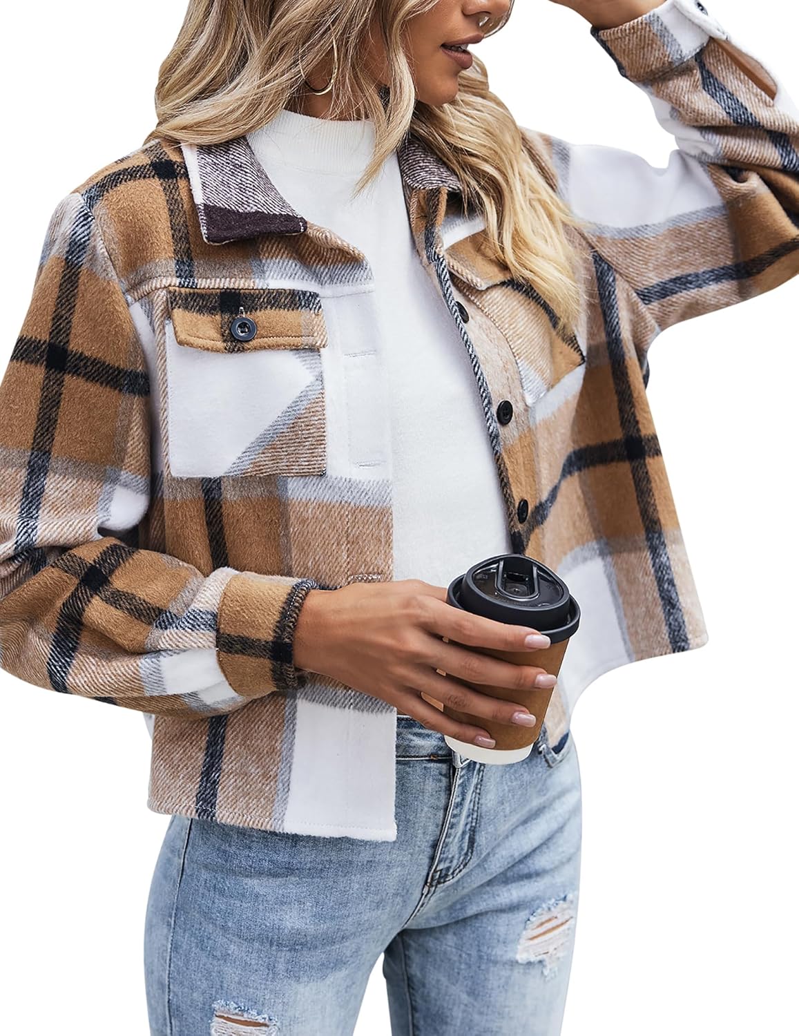 ZEAGOO Jackets for Women Cropped Flannel Plaid Shacket 2025 Fashion Button Down Shirt Coats Tops