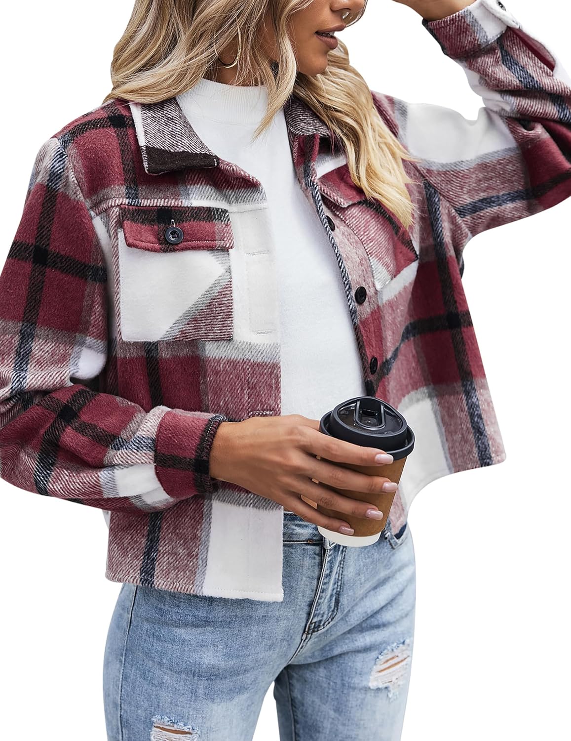 ZEAGOO Jackets for Women Cropped Flannel Plaid Shacket 2025 Fashion Button Down Shirt Coats Tops
