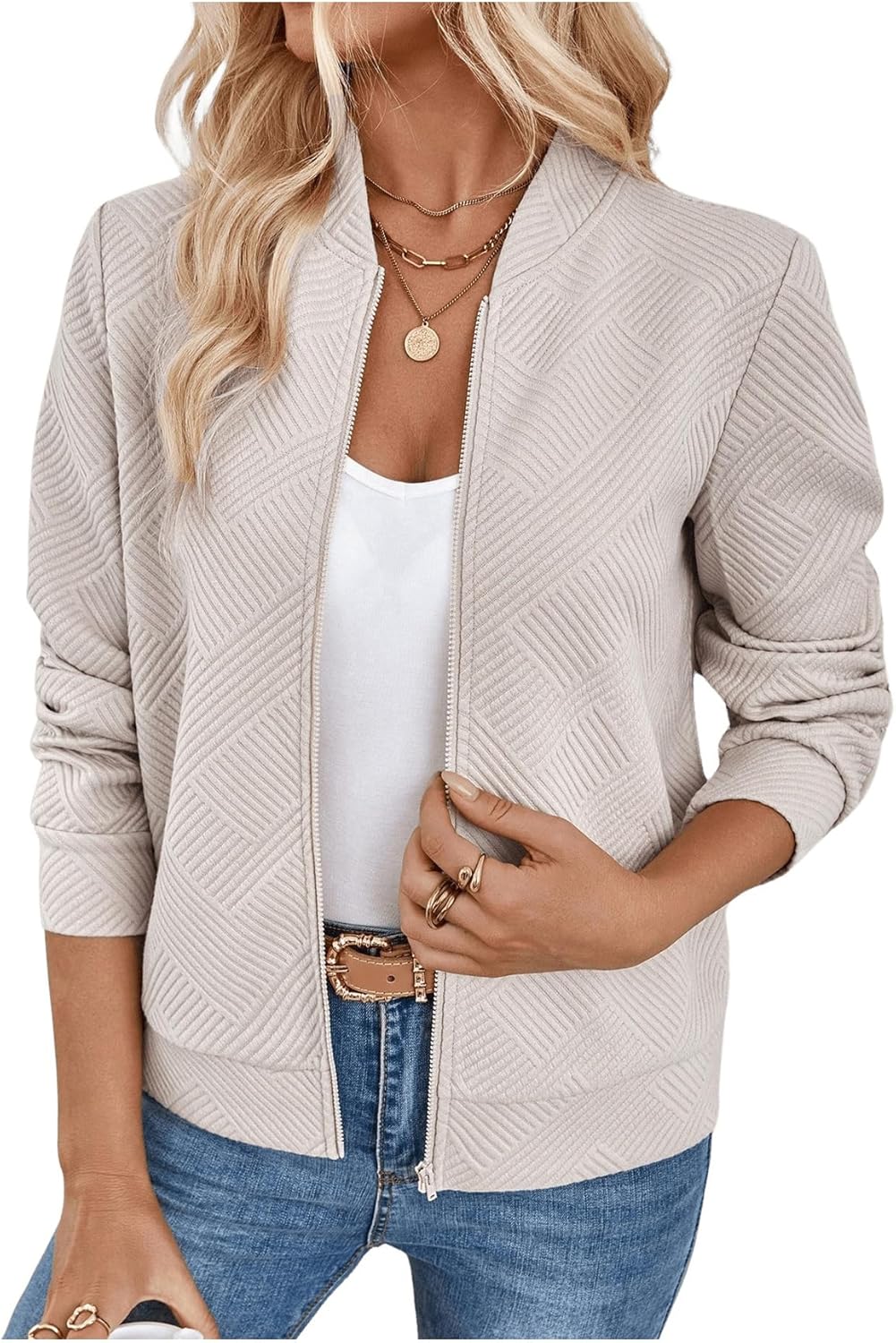 Verdusa Women's Zip Up Textured Lightweight Bomber Jacket Casual Long Sleeve Outerwear