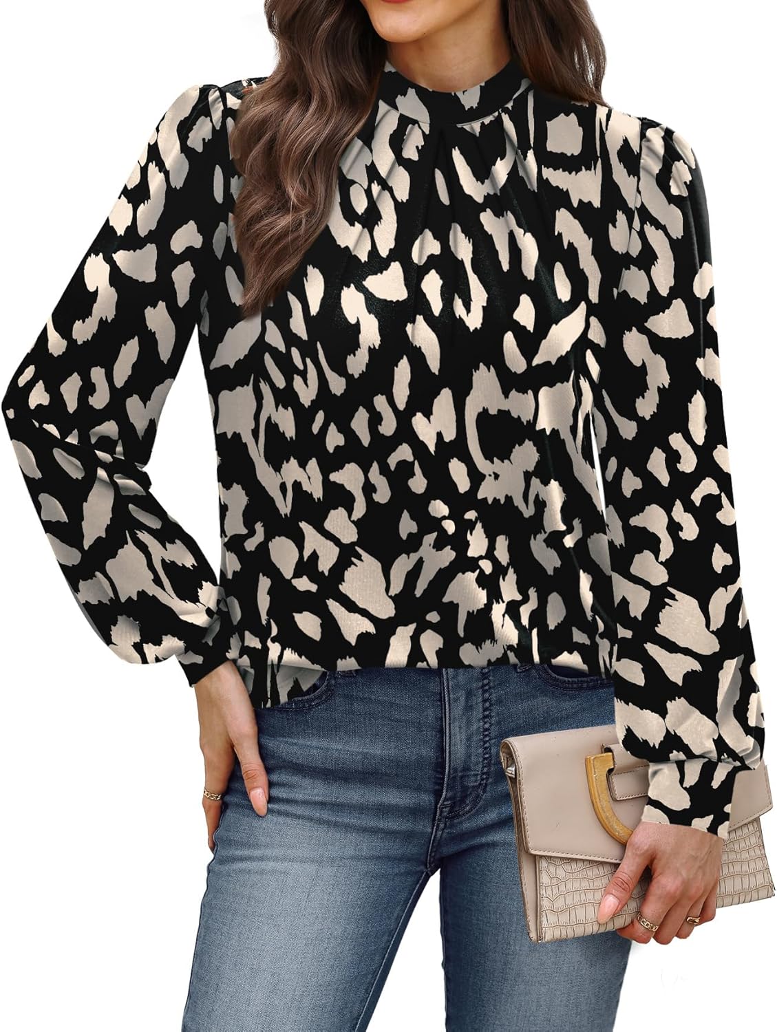 WIHOLL Long Sleeve Shirts for Women Mock Neck Tops Pleated Front Blouses Dressy Casual Fall Clothes 2025 Fashion