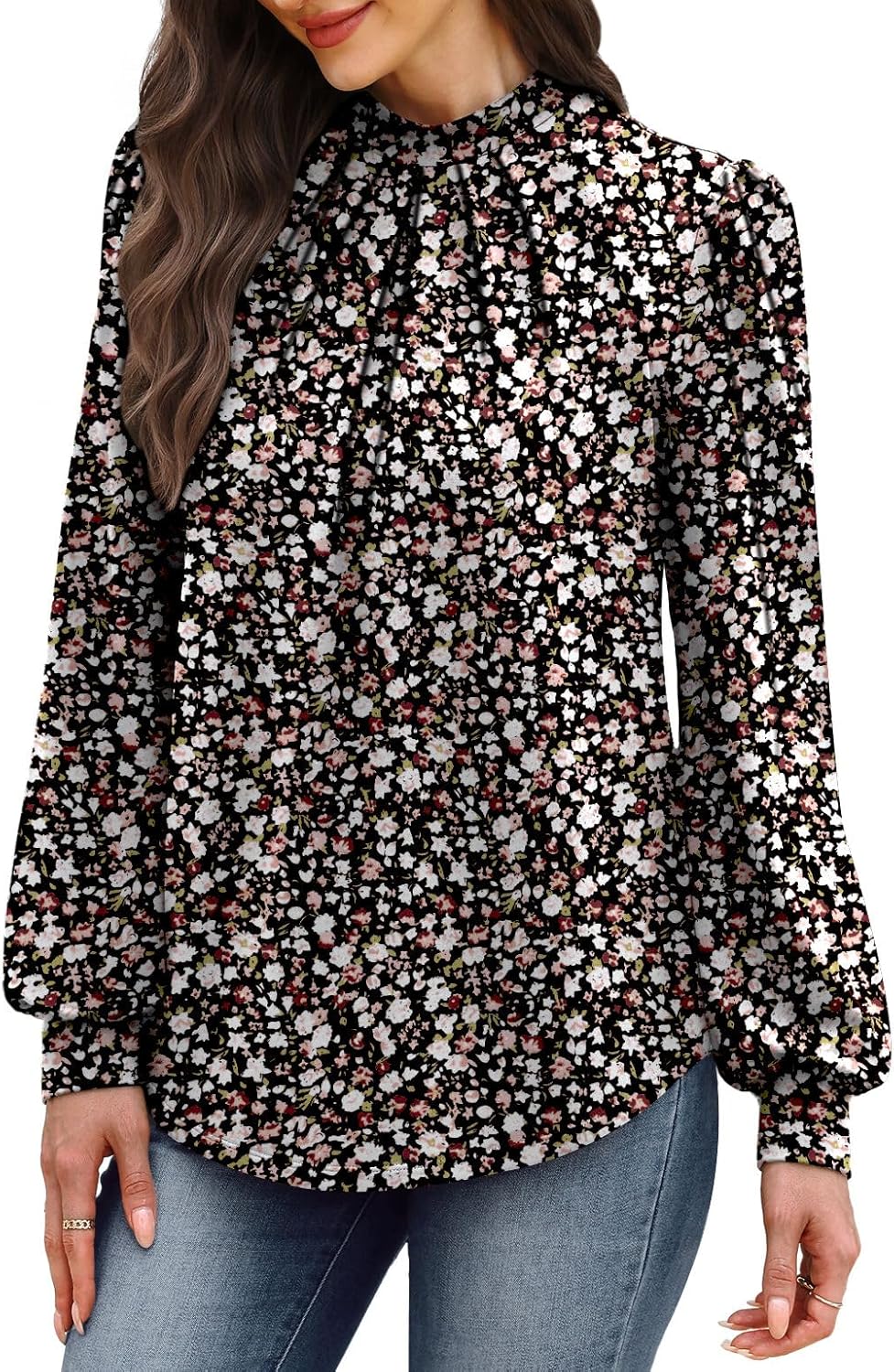 WIHOLL Long Sleeve Shirts for Women Mock Neck Tops Pleated Front Blouses Dressy Casual Fall Clothes 2025 Fashion