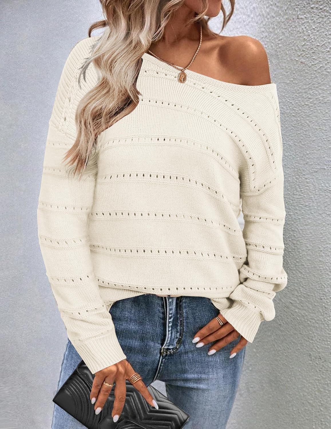 Zeagoo Womens Sweaters Cute Long Sleeve Off The Shoulder Pullover Tops Hollow Out Crochet Dressy Casual Outfits