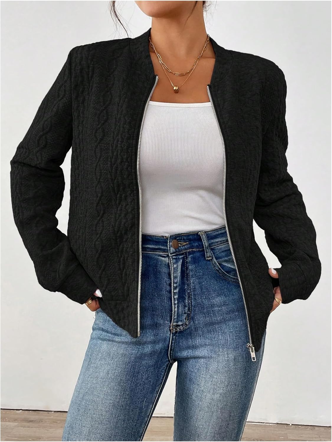 Verdusa Women's Zip Up Textured Lightweight Bomber Jacket Casual Long Sleeve Outerwear