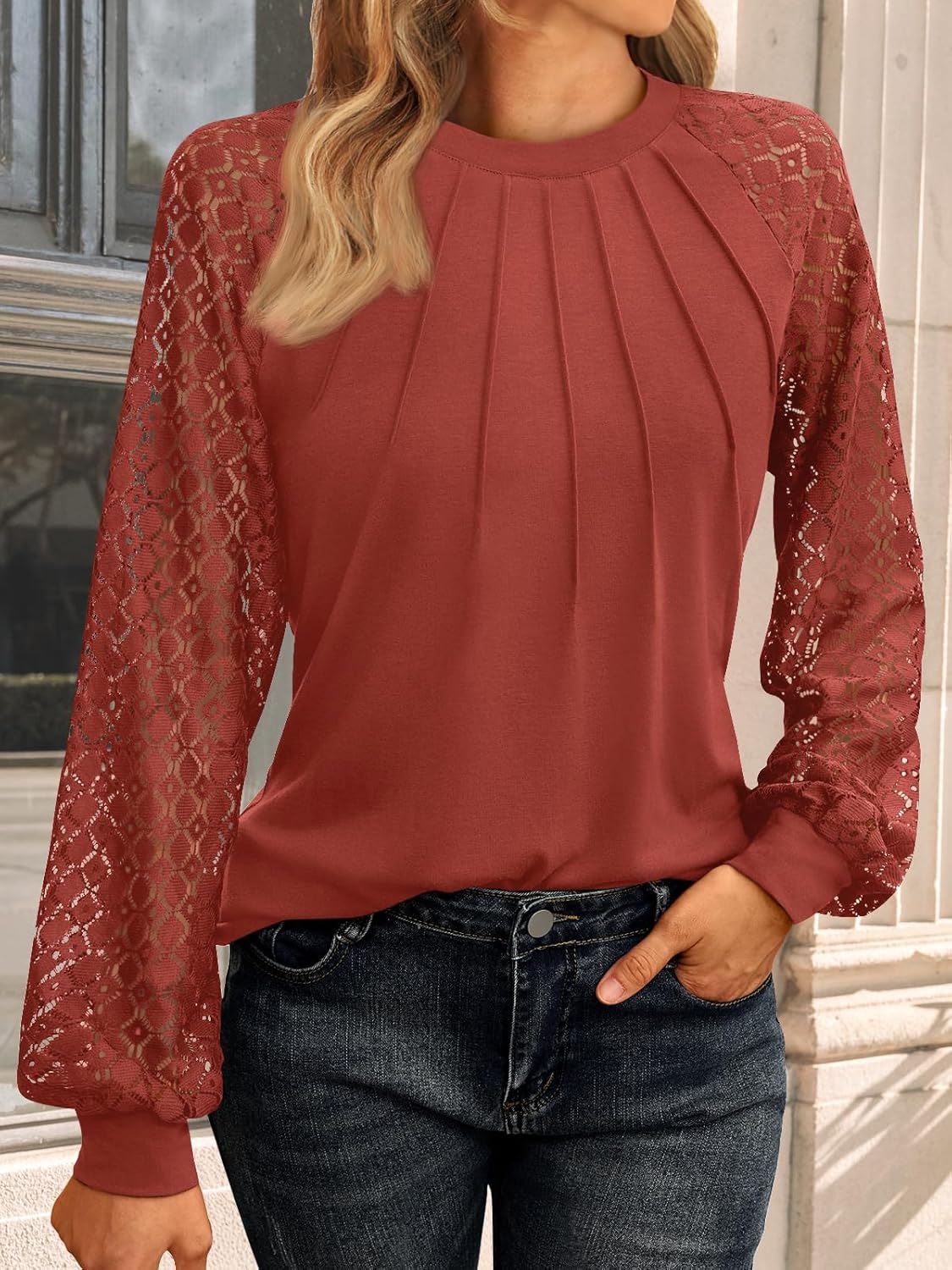 AUTOMET Womens Long Sleeve Shirts Pleated Lace Tops Fall Fashion Outfits Business Casual Blouses