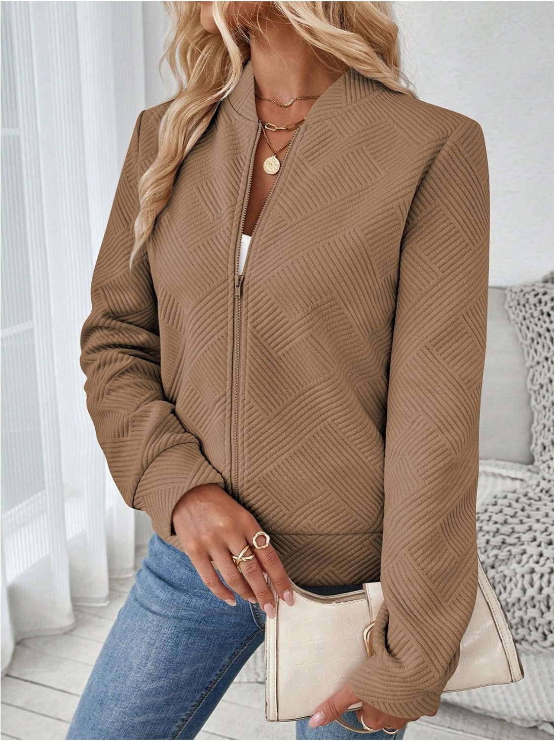Verdusa Women's Zip Up Textured Lightweight Bomber Jacket Casual Long Sleeve Outerwear