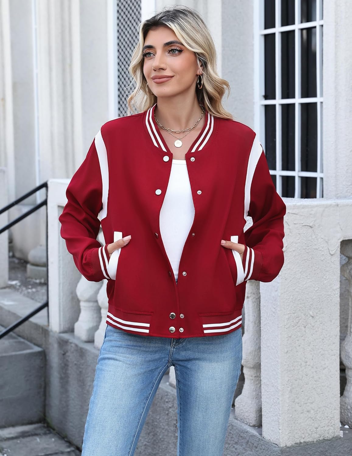 Zeagoo Bomber Jacket Women Varsity Casual Button Down Lightweight 2025 Fall Fashion Short School Outfits with Pockets