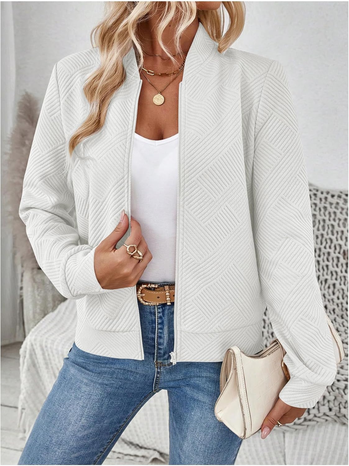 Verdusa Women's Zip Up Textured Lightweight Bomber Jacket Casual Long Sleeve Outerwear
