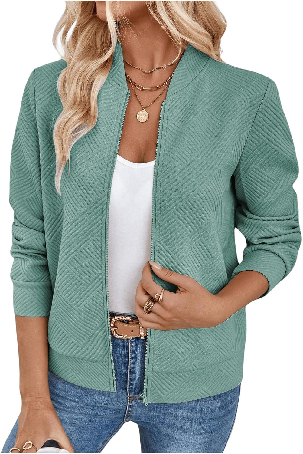 Verdusa Women's Zip Up Textured Lightweight Bomber Jacket Casual Long Sleeve Outerwear
