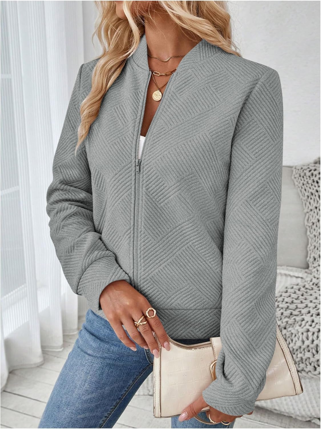 Verdusa Women's Zip Up Textured Lightweight Bomber Jacket Casual Long Sleeve Outerwear