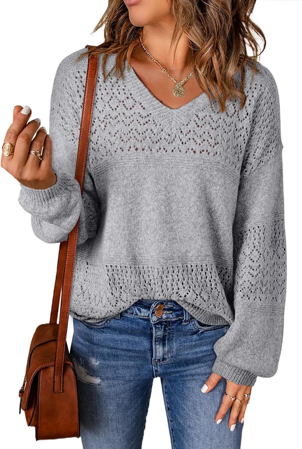 Womens Sweaters Causal Long Sleeve V Neck Lightweight Corchet Pullover Sweater Tops