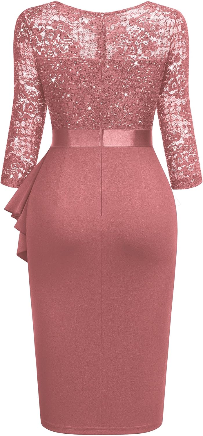 Miusol Women's Retro V Neck Floral Lace Ruffle Style Cocktail Party Dress