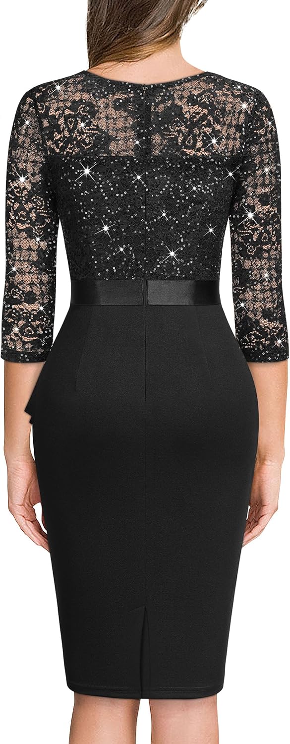 Miusol Women's Retro V Neck Floral Lace Ruffle Style Cocktail Party Dress