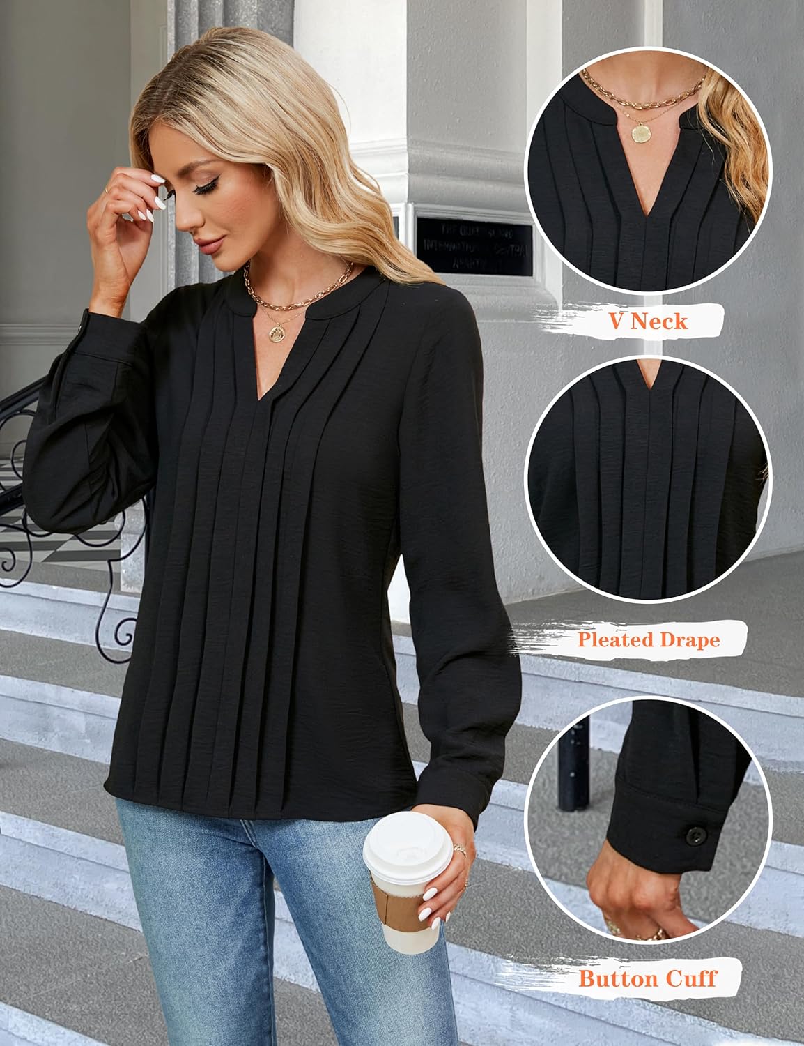 Blooming Jelly Women's Dressy Casual Blouses Business Work Tops Long Sleeve V Neck Pleated Shirts 2025 Fall Outfits