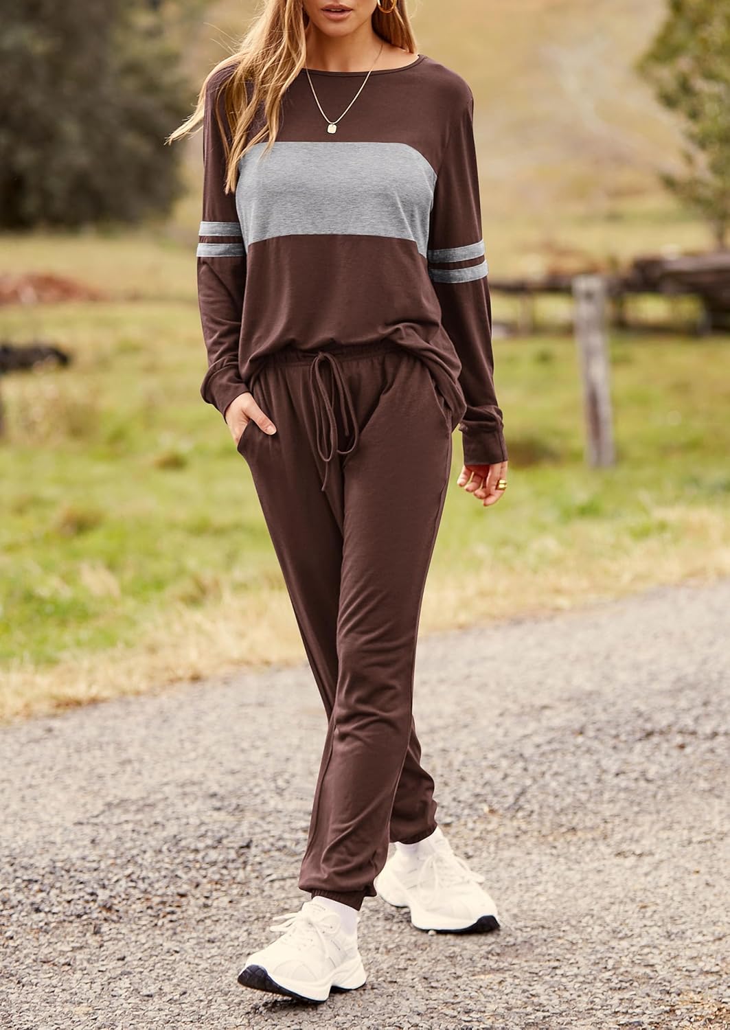 PRETTYGARDEN Women's Color Block 2 Piece 2025 Fall Tracksuit Crewneck Long Sleeve Tops Long Sweatpants Outfits Lounge Sets