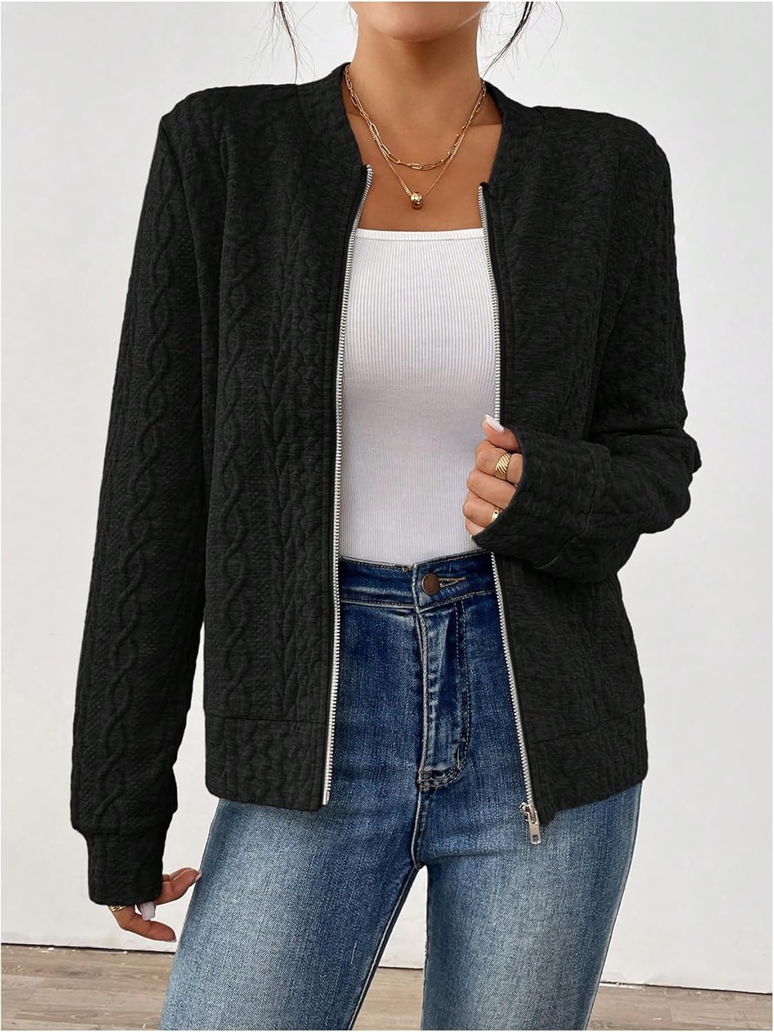 Verdusa Women's Zip Up Textured Lightweight Bomber Jacket Casual Long Sleeve Outerwear
