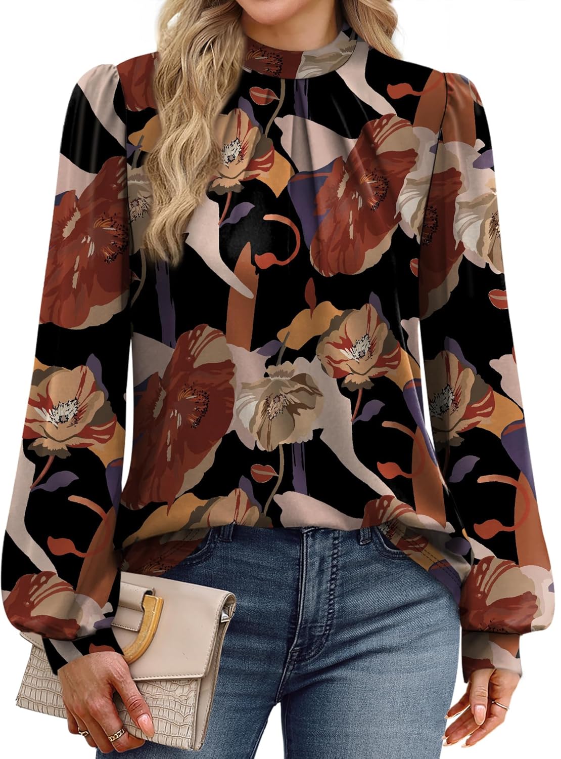 WIHOLL Long Sleeve Shirts for Women Mock Neck Tops Pleated Front Blouses Dressy Casual Fall Clothes 2025 Fashion