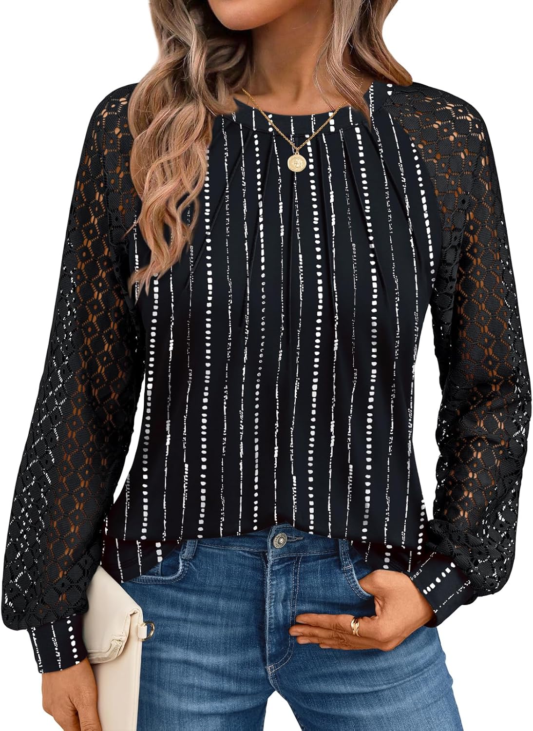 AUTOMET Womens Long Sleeve Shirts Pleated Lace Tops Fall Fashion Outfits Business Casual Blouses