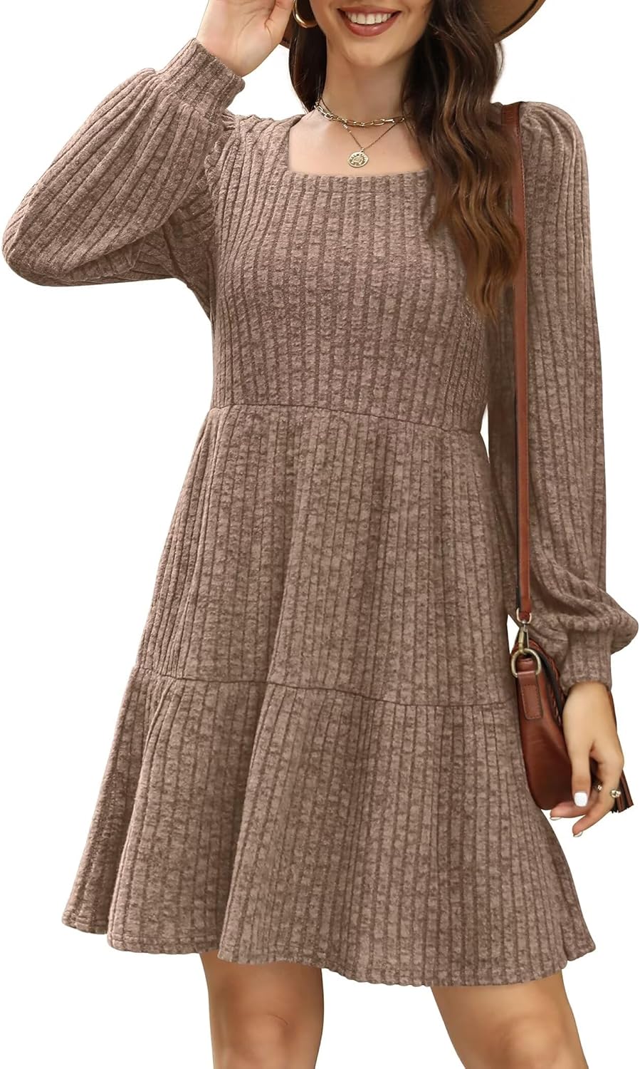 SAMPEEL Fall Dresses for Women 2025 Clothing Trendy Square Neck Long Sleeve A Line Sweater Dress with Pocket