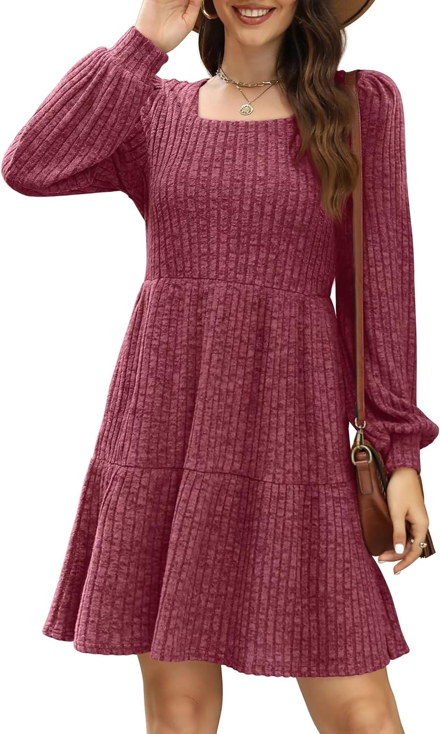 SAMPEEL Fall Dresses for Women 2025 Clothing Trendy Square Neck Long Sleeve A Line Sweater Dress with Pocket