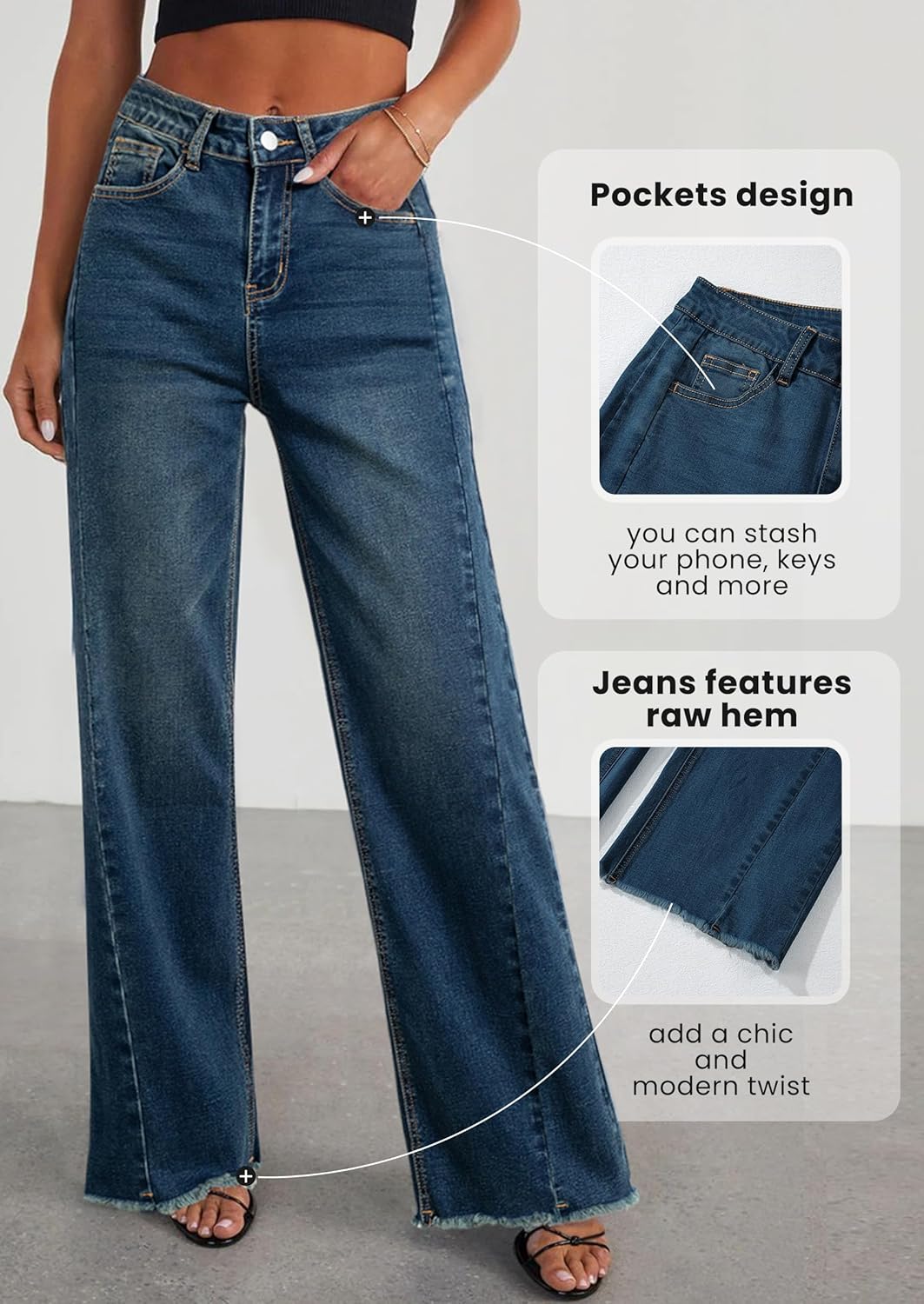 PRETTYGARDEN Wide Leg Jeans for Women Trendy 2025 High Waisted Stretchy Baggy Raw Hem Denim Palazzo Pants with Pockets