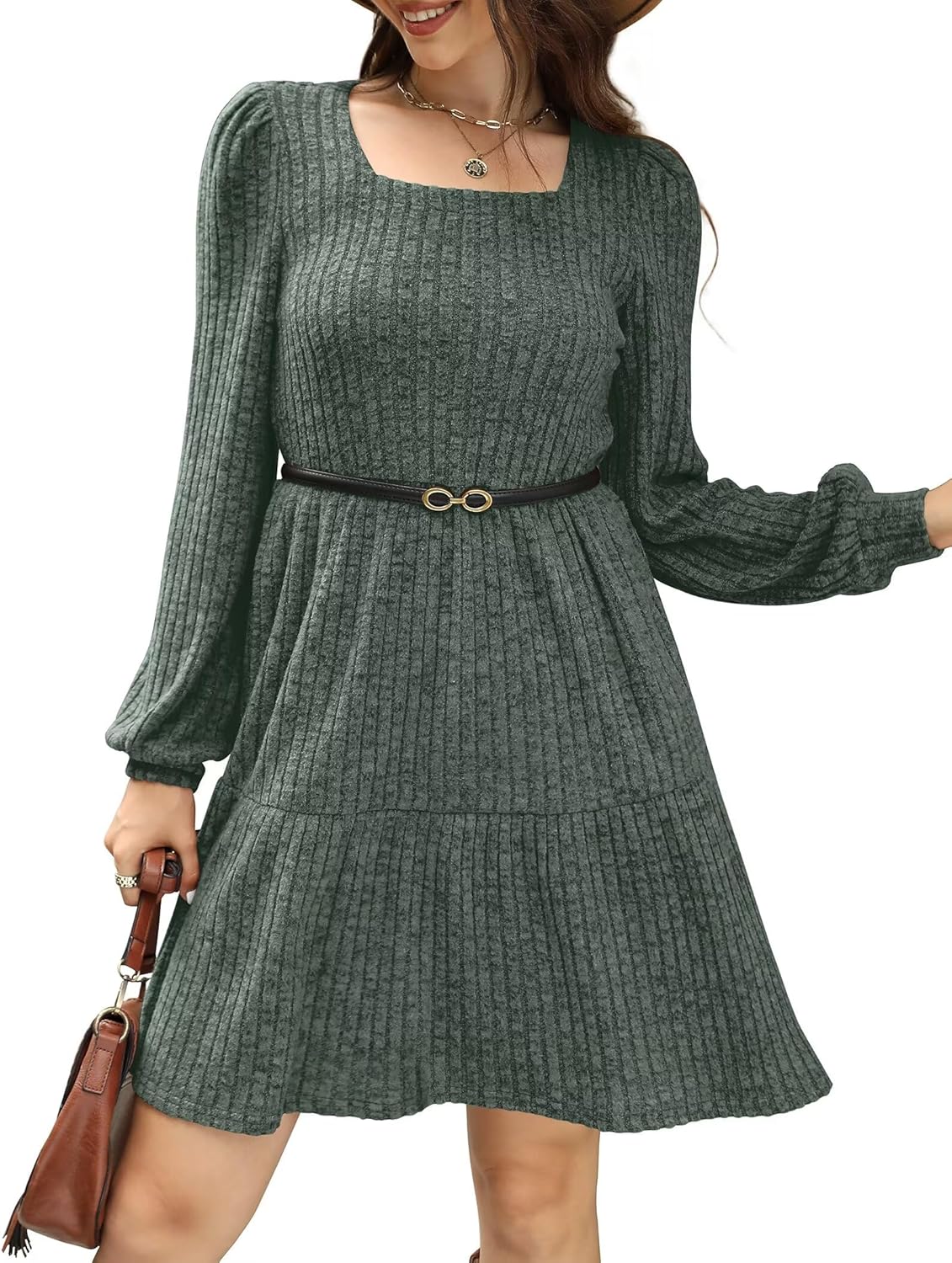 SAMPEEL Fall Dresses for Women 2025 Clothing Trendy Square Neck Long Sleeve A Line Sweater Dress with Pocket
