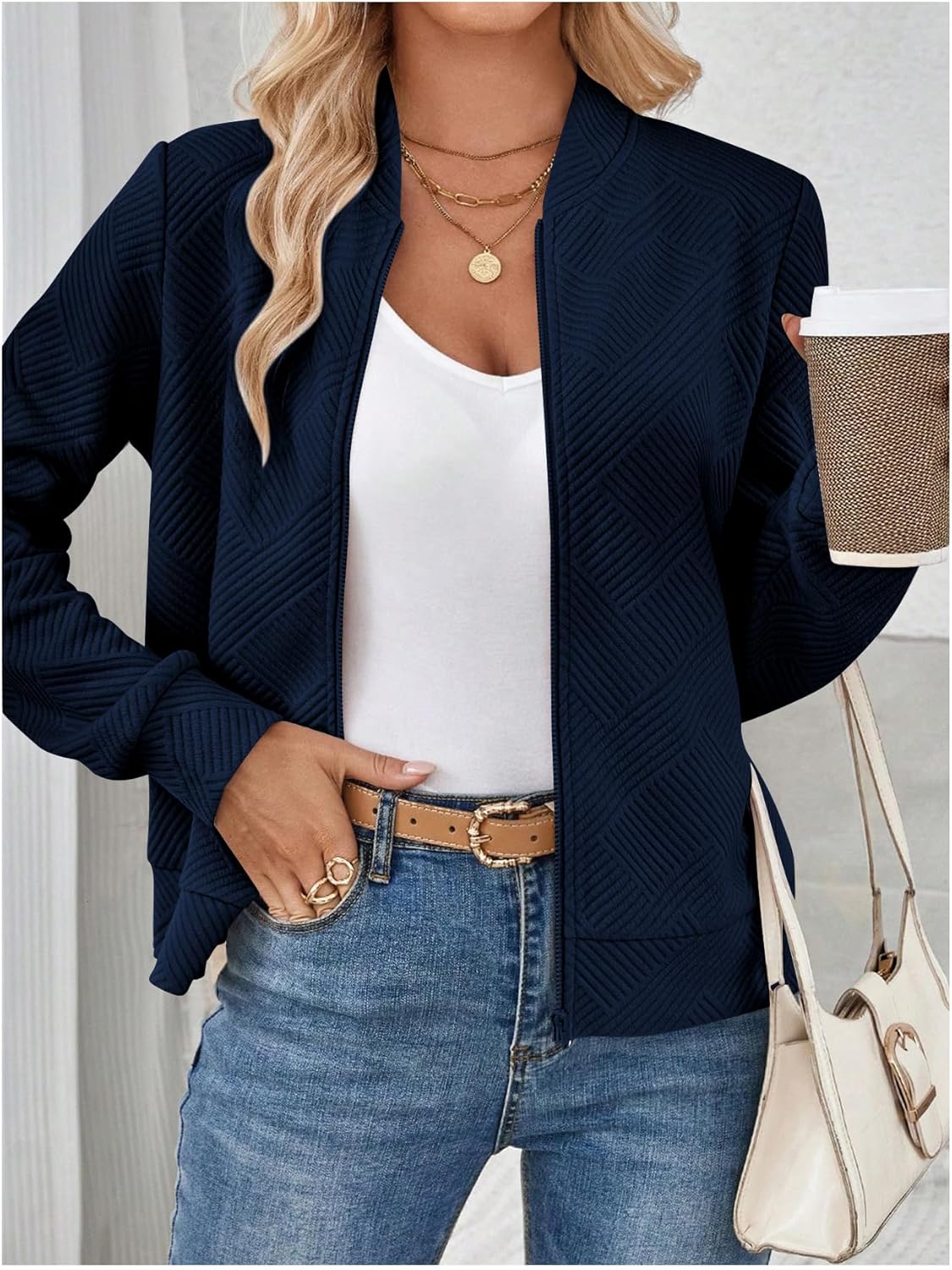 Verdusa Women's Zip Up Textured Lightweight Bomber Jacket Casual Long Sleeve Outerwear