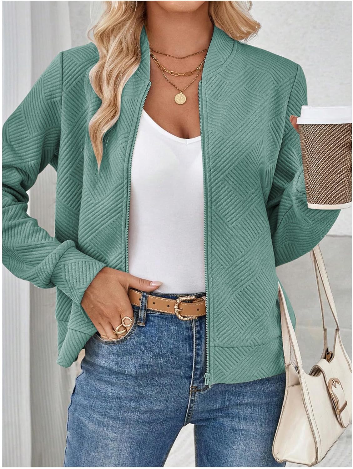 Verdusa Women's Zip Up Textured Lightweight Bomber Jacket Casual Long Sleeve Outerwear